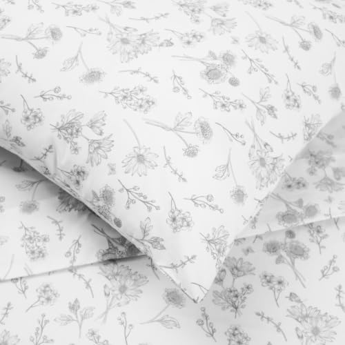 Image of Linen Home Cotton Percale Flat Bedsheet Set King Size Floral Grey