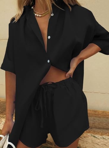 Image of Fixmatti Women 2 Piece Outfits Long Sleeve Button Down Blouse and Shorts Sweatsuit Sets