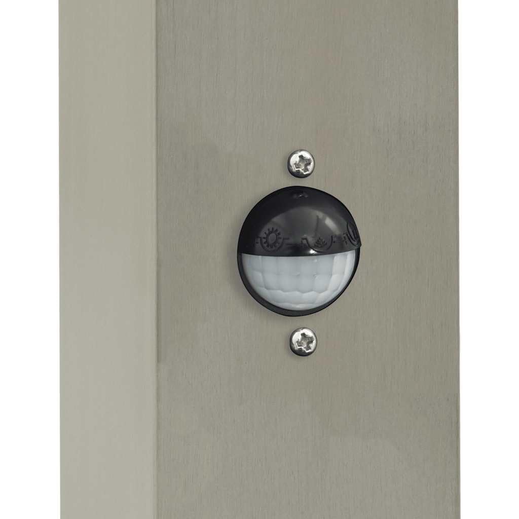 3 lampade a colonna da 80 cm, in acciaio inox, con sensore di movimento PIR e presa integrata IP44, per giardino, terrazza, vialetto, design moderno