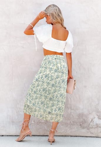 Image of HERBATOMIA Women's Floral Print Midi Skirt Casual High Elastic Waist Zipper Vintage Long Boho Skirts for Women
