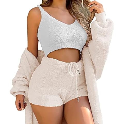 Women's Sexy Warm Fuzzy Fleece 3 Piece Outfits Pajamas, Cozy Knit Set 3-Piece, Open Front Hooded Cardigan Top Shorts Cover