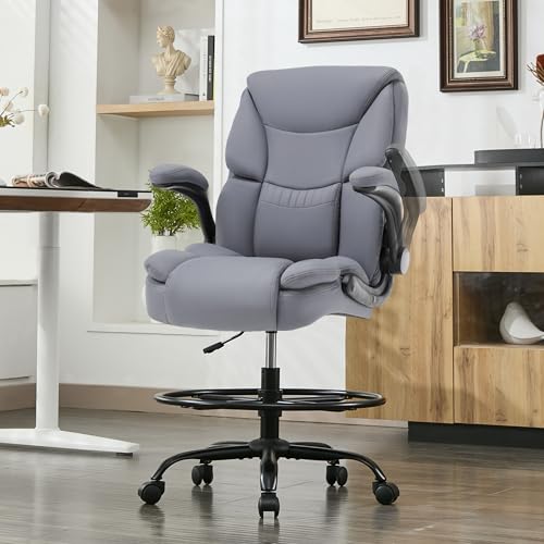 500LBS Drafting Chair, High Back Safer Standing Desk Chair, Executive Tall Office Chair with Flip-up Armrests, Upholstered PU Leather Task Chair, Ergonomic Seat with Adjustable Height&Foot Ring, Grey