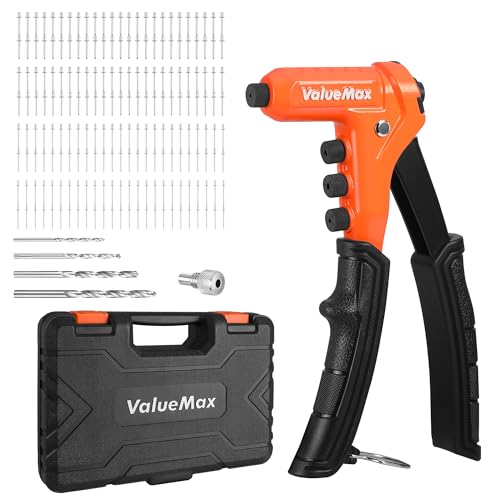 Image of ValueMax 4-in-1 Rivet Gun, Heavy Duty Pop Rivet Gun Kit with 200 Rivets - 3 /32 inch, 1 /8 inch, 5 /32 inch, 3 /16 inch, 4 Interchangeable Nosepieces, Drill Bits, Rivet Tool for Metal, Plastic, Leather