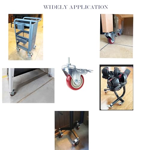 Swivel Stem Casters, Heavy Duty Double-Locking Castors with Red PU Wheels Quiet and No Marking with Metric Thread M10-1.5x25mm Heavy Load Wheels Casters Pack of 4 by YEWEKE - Image 2