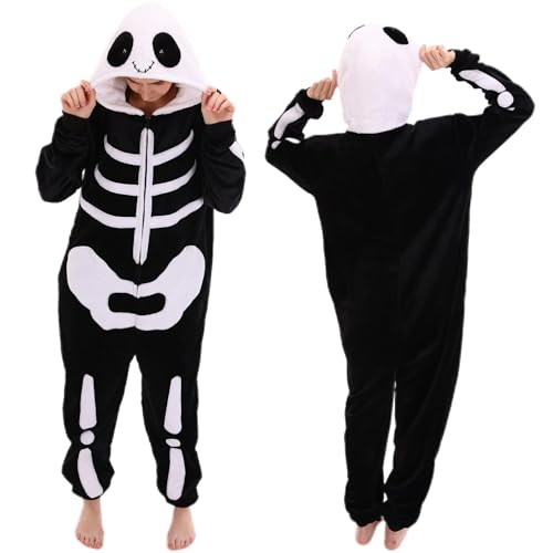 COSUSKET Snug Fit Unisex Adult Onesie Pajamas Flannel Skeleton Cosplay One Piece Halloween Costume Sleepwear Homewear