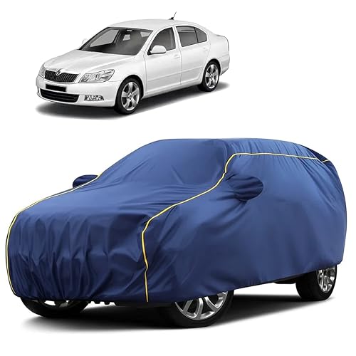 Image of Sulfar 100% Water Resistant Car Body Cover Compatible with Mirror for Skoda Laura (Triple Stitched, Full Bottom Elastic, Blue Taffeta with Yellow Piping)