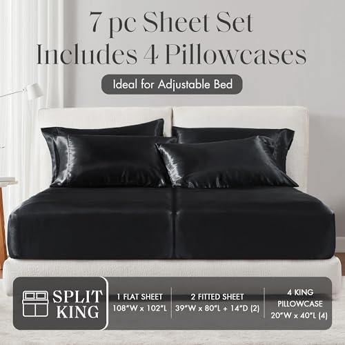 Image of Madison Park Essentials Satin Sheets Split King Size Bed Set, 7 Pcs, Black | Luxury and Smooth Silky Bedding with Natural Sheen, All Around Elastic 14 inch Pocket fits up to 16 inch Mattress, Year-Round Cozy