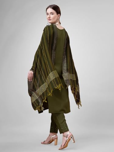 Image of Women's Elegant Cotton Blend Kurta Pant Dupatta Set with Embroidery - Fully Stitched