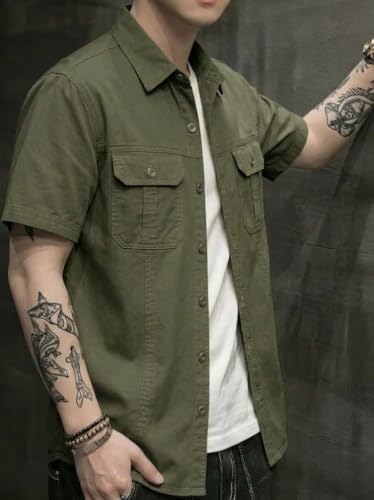 Image of SMOWKLY Men's Casual Solid Printed Cotton Regular Fit Shirt || Half Sleeve, Button Down, Double Front Pocket || Denim Jacket Style Fashionable Western Outfit
