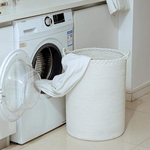 Image of ALBY Woven,Tall Wicker Laundry Basket for Blankets,Clothes,Pillows,Toys,Shoes Large Cotton Laundry Hamper for Bedroom Living Room Bathroom Nursery (12''D x 15''H INCH, PURE WHITE)