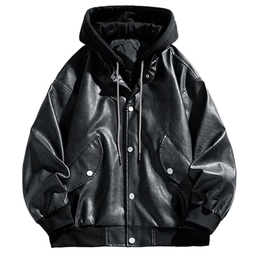 [Ｋａｙｉｙａｓｕ] メンズ レザージャケット ライダースジャケット コート 革ジャン フード付きパーカー 大きいサイズ 防寒 防風 バイク 春秋冬 カジュアル ファッション（ブラック M） - Ｋａｙｉｙａｓｕ - 商品画像