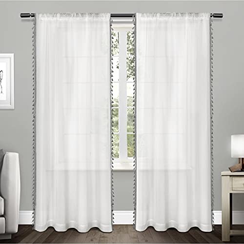 EXCLUSIVE HOME Tassels Embellished Sheer Rod Pocket Curtain Panel Pair, 54'x84', Black Pearl