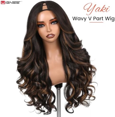 WIGNEE Yaki Curly V Part Wig Half Wig with Flip Curls 26” Brown U Part Wig - 1