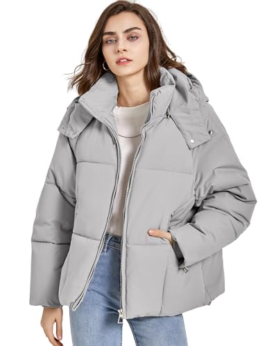 Gihuo Womens Puffer Jacket Winter Warm Coats Hooded Quilted Jackets with Removable Hood(Grey-XL)