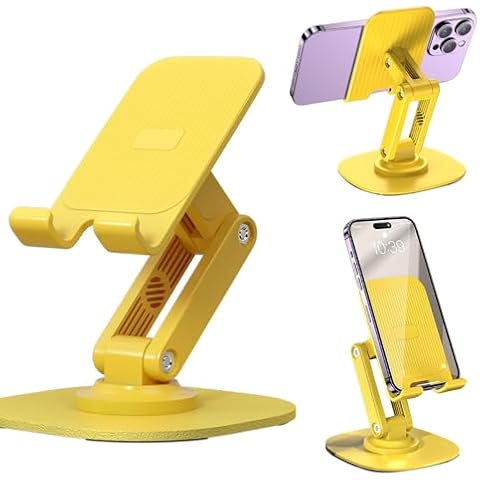 JYWYBF Cell Phone Stand for Desk，360° Rotating Cell Phone Holder with Metal Base, Adjustable Desk Phone Stand for Office, Travel, Thick Phone Cases (Yellow) Cover