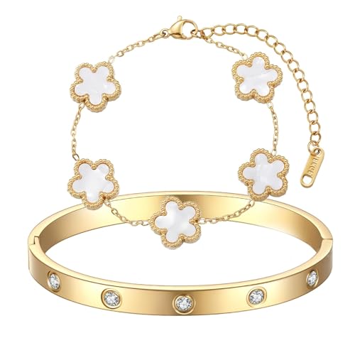 TENGWA Plaqué 18K Bracelet 2 Pièces Bijoux Bracelet Trefle 17+5 cm Bijoux Porte Bonheur Blanc Four Leaf Clover pour Anniversaires Saint-Valentin Fête des...