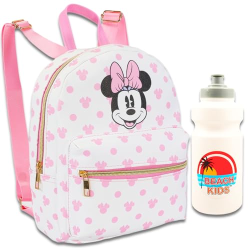 Minnie Mouse Mini Backpack for Girls - 10” Faux Leather Minnie Mouse Backpack with Front Pocket Plus Bottle | Minnie Mouse Backpack Bundle