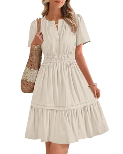 BTFBM Women's Casual Dresses 2025 Summer Spring V Neck Short Sleeve Sundress Smocked Waist A Line Tiered Mini Dress