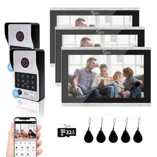 Videoportero con cable Sistema de intercomunicación de apartamentos,Monitor táctil de 10 pulgadas,Cámara HD 1080P Timbre,Huella dactilar,Tarjeta RFID,Desbloqueo por contrase (2 Timbre+3 Monitor)