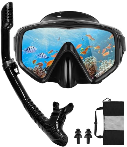 Gafas de Buceo Adulto Gafas Snorkel Adulto Mascara Snorkel Gafas y Tubo Snorkel Adulto(Negro),con Tapones para los oídos