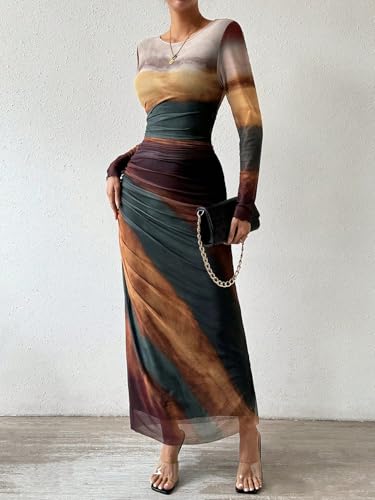 Image of LIGHT DOT Women's Printed Bodycon Maxi Dress Long Sleeve Tie Dye Mesh Ruched Cocktail Dress