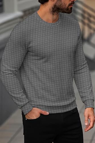 Image of KAJARU Quilted Pattern Long Sleeve Sweatshirt, Round Neck, Men's Casual Pullover, Grey, Black, Beige