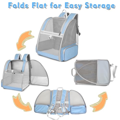Cat Backpack Carrier, Large Pet Backpack with Kitten Wand Feather Toy for Medium Small Dog Cat Puppy Kitty Bunny up to 15lbs, Ventilated Mesh Dog Travel Carrier for Hiking Walking Outdoor Use (Blue) - Thumbnail 7