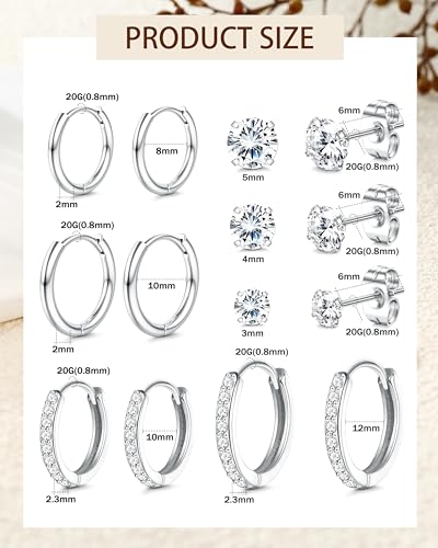 Dochais Hoop Stud Earrings for Women Men 7 Pairs 316L Surgical Steel Hypoallergenic Earrings Set for Multiple Piercing Non Tarnish 14k Gold Plated Cartilage Earring4