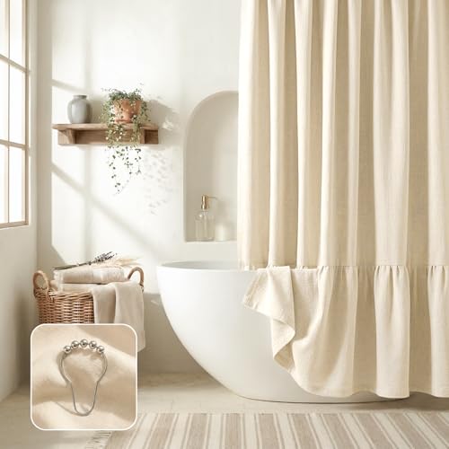 Linen Shower Curtains for Bathroom - Farmhouse & Bohemian Shower Curtains Neutral Textured 1:2 Ruffled Shower Curtain Spa-Like Easy Care (Beige 72 W x 72 L Plain)