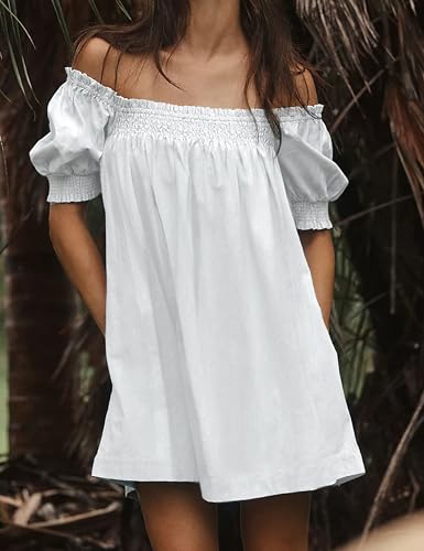 Image of Huaqiao Womens Summer Mini Dress 2026 A-Line Square Neck Puff Sleeve Beach Sundress Casual Short Dress with Pockets