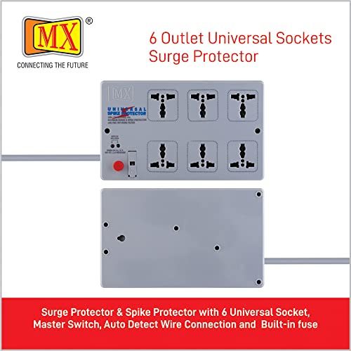 Image of MX 10 m Spike Protector Extension Board - 6‑Outlet Universal Power Strip with Master Switch, Spike & Surge Protection, 6-in-1 International Socket for Home & Office