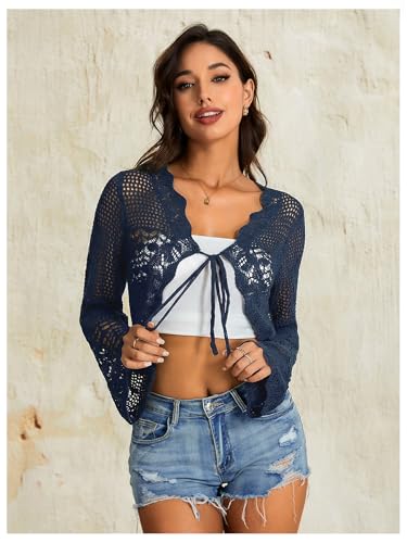 Image of OYOANGLE Women's Crochet Tie Front Sweater Cardigans Bell Sleeve Knitted Cropped Bolero Shrug Cardigan