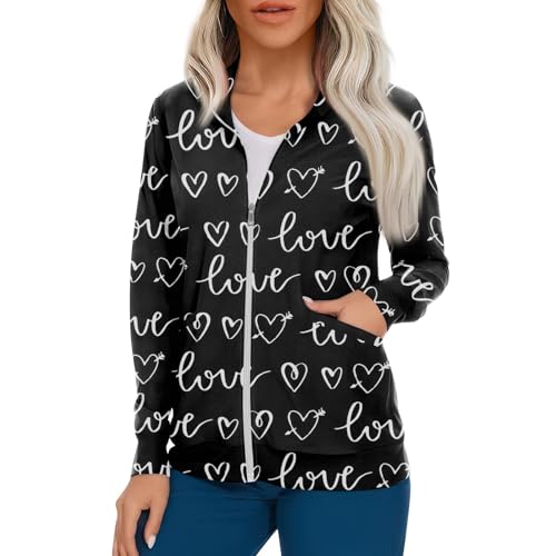 Scrub Jackets for Woman Zip Up Long Sleeve Tops Print Plus Size Womens Scrubs for Women Nursing Shirts with Pockets