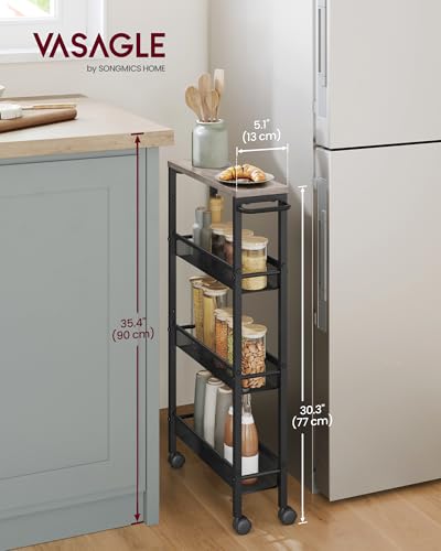Image of VASAGLE Slim Rolling Cart, 4-Tier Storage Cart, Narrow Cart with Handle, 5.1 Inches Deep, Metal Frame, for Kitchen, Dining Room, Living Room, Home Office, Heather Greige and Classic Black ULRC032K01