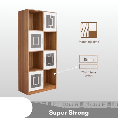 Image of Cube Polycarbonate Sheet Engineered Wood Open & Closed Bookshelf | Display Unit | Open 4 Shelves & 4 Door Cabinet Storage for Home & Office|1 Year Warranty (Finish - Leon Teak, Knock Down)