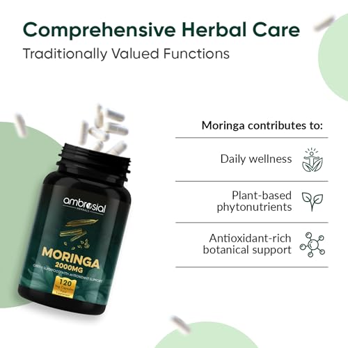 Image of Ambrosial Moringa Capsules 2000mg | Moringa Leaf Extract | Plant-Based Herbal Supplement | Natural Wellness Support | 120 Vegan Capsules