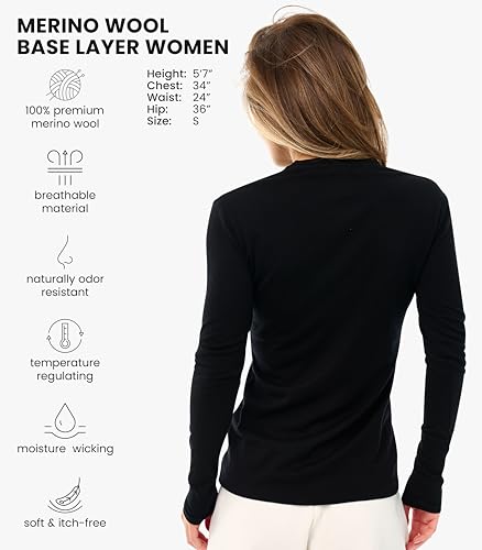 Image of Merino Wool Base Layer Women - 100% Merino Wool Shirt Women Thermal Underwear Long Sleeve T-Shirt for Hiking