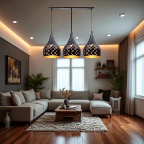 Image of GreyWings Black Aluminium Hanging Light, 3 Pendant Ceiling Lamp for Dining Room, Make in India, E27 Holder, 220V, Bulb Not Included, Linear Set