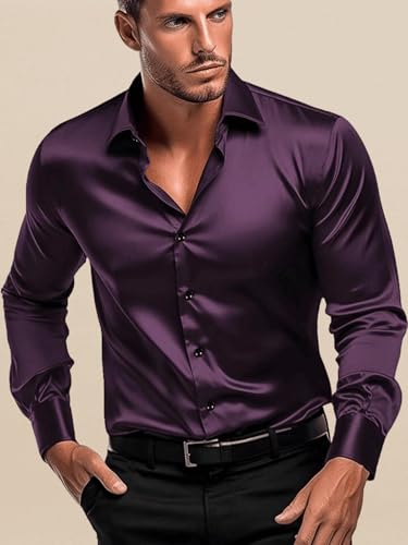 Image of IndoPrimo Men's Satin Shirt with Spread Collar Neck Line Solid Pattern Full Sleeves Regular Fit Western Style and Standard Length