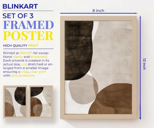 Image of BLINKART Set of 3 BROWN CREAM Natural Brown Frame Painting for Wall Decoration - Modern Art Wall Decor Framed Painting for Living Room Bedroom - Framed Wall Posters /Paintings (8X12 inch)
