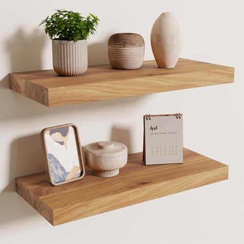 Image of 18'' Floating Shelves for Wall, 8''D Rustic Solid Elm Shelves, Natural 2PCs