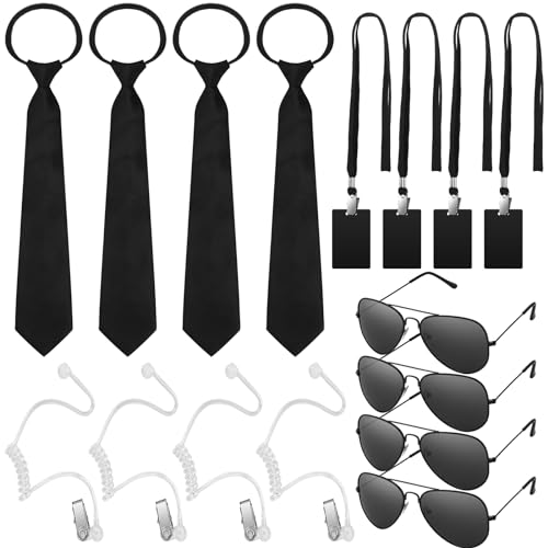 Set of 20 Halloween Agent Accessory Kit Secret Security Guard Prop Costume Adjustable Pretied Necktie Black Sunglasses Earpiece ID Badge for Men Halloween Cosplay Party Game