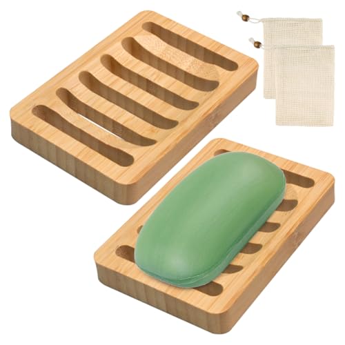 2 Pcs Jabonera de Bambu, Madera de Bambú Natural Jaboneras con 2 Bolsa Rejilla para Jabón, Jabonera de Baño con Drenaje, Antideslizante jaboneras con desagüe, Bambu Soap Rack Holder para Baño Cocina