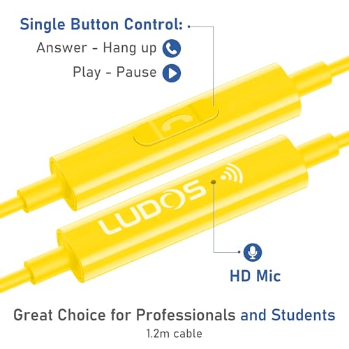 Image of LUDOS OMNITONE Wired Earbuds in-Ear Headphones, 5 Year Warranty, Earphones with Microphone, 3.5 mm Jack Corded Ear Buds, Videoconference for iPhone, Samsung, Laptop, Kids, School Students - Yellow
