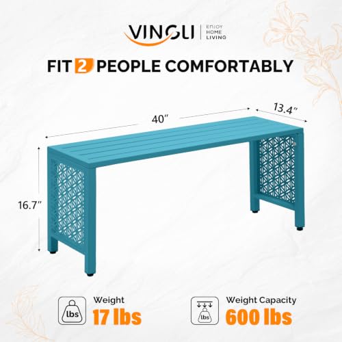 Image of VINGLI 40in Outdoor Metal Bench, All-Weathe Backless Patio Bench with Slatted Seat&Floral Side Panels, Rust-Resistant Garden Bench, Weatherproof Outdoor Seating for Porch Entryway Backyard (Blue)
