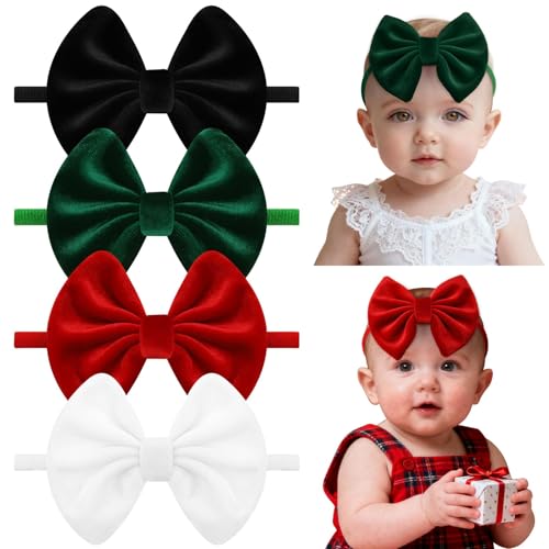HairChrysm 4 Pcs Velvet Baby Bow Headbands Christmas Newborn Headband Bows Nylon Handmade Hair Accessories for Baby Infants Toddlers Child