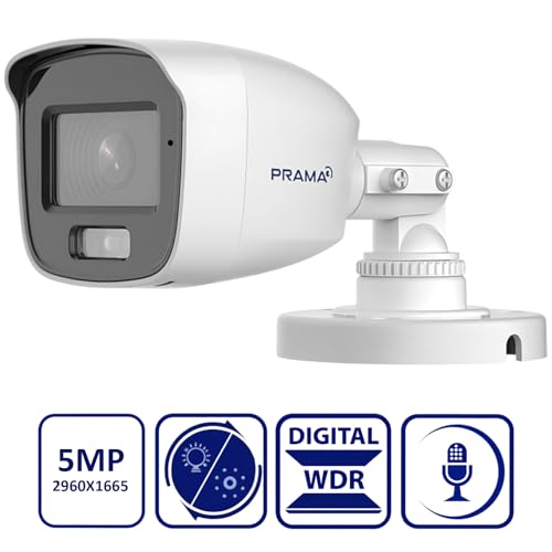 Image of PRAMA PT-HTH11FOE-WPF(M) 5MP Dual Light Audio Bullet Camera, 2960x1665 Resolution, Built-in Microphone Up to 20 m White Light Distance, Water and dust Resistant (IP66), Day /Night Mode Color.