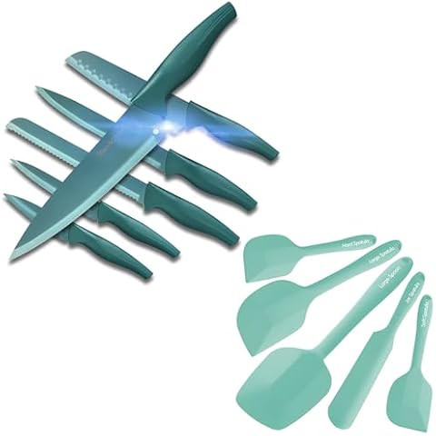 Wanbasion Green 11 pieces Professional Kitchen Knife, Kitchen Knife Set Stainless Steel, Chef Knife Set with Sheathes Silicone Spatula Utensil Set Cover