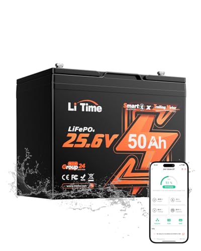 LiTime 24V 50Ah Bluetooth LiFePO4 Lithium Battery, Low-Temp Cutoff Protection, 4000+ Deep Cycle, Built-in 50A BMS, Group 24, Perfect for Trolling Motors, Yacht, Boat, RVs