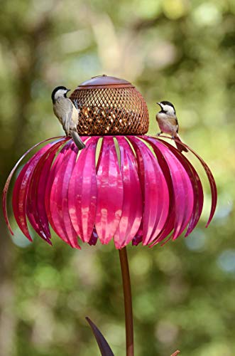 Desert Steel Red Coneflower Standing Bird Feeder - (Red - 13”W x 34”H) - Outside Rust Resistant Garden Art Metal Birdfeeder with Stand - Thumbnail 2